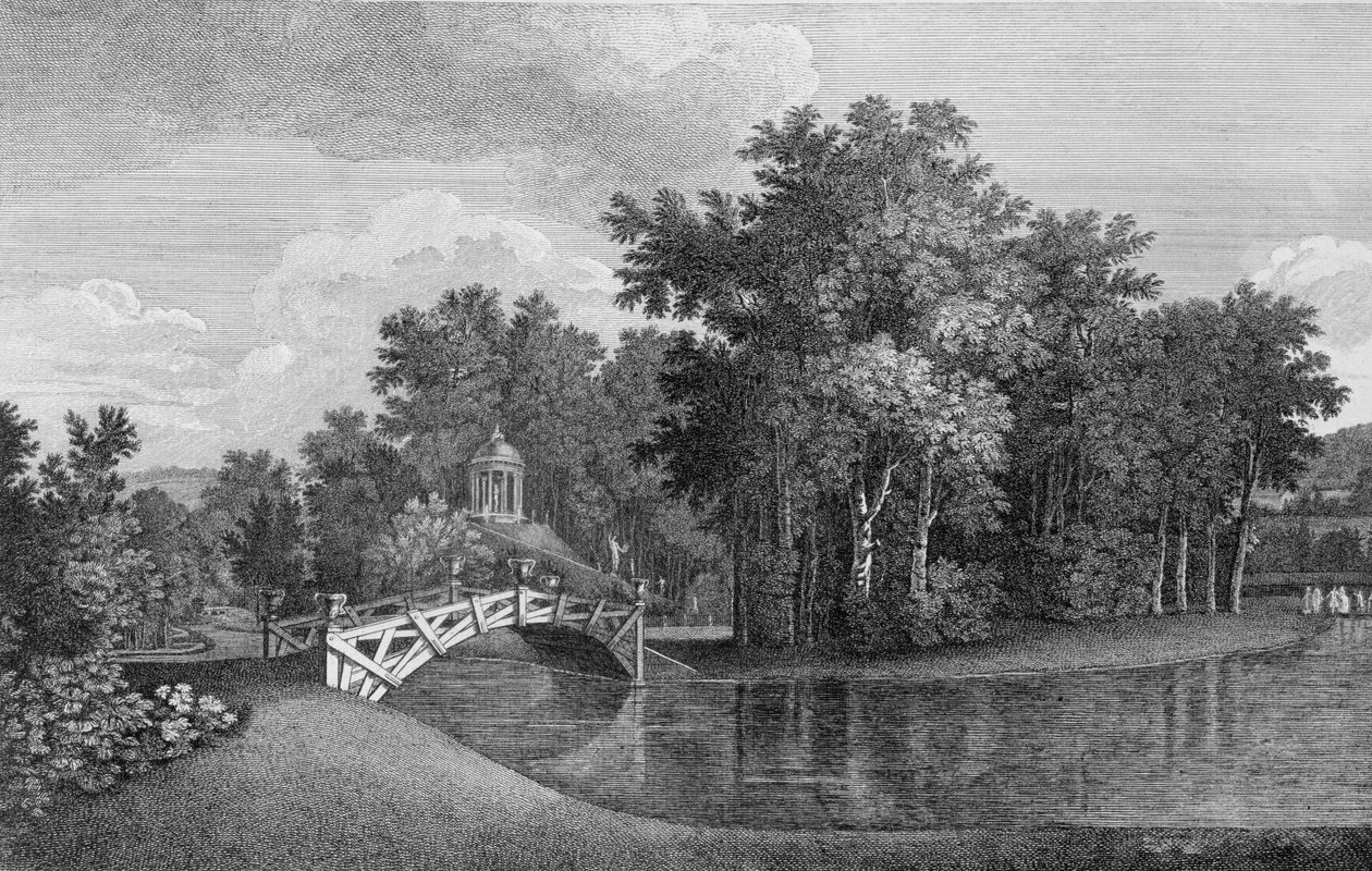 Utsikt över bron och Venustemplet i trädgårdarna vid West Wycombe, från Jardins Anglo-Chinois a la Mode, av George Louis le Rouge, publicerad 1770-87 av French School