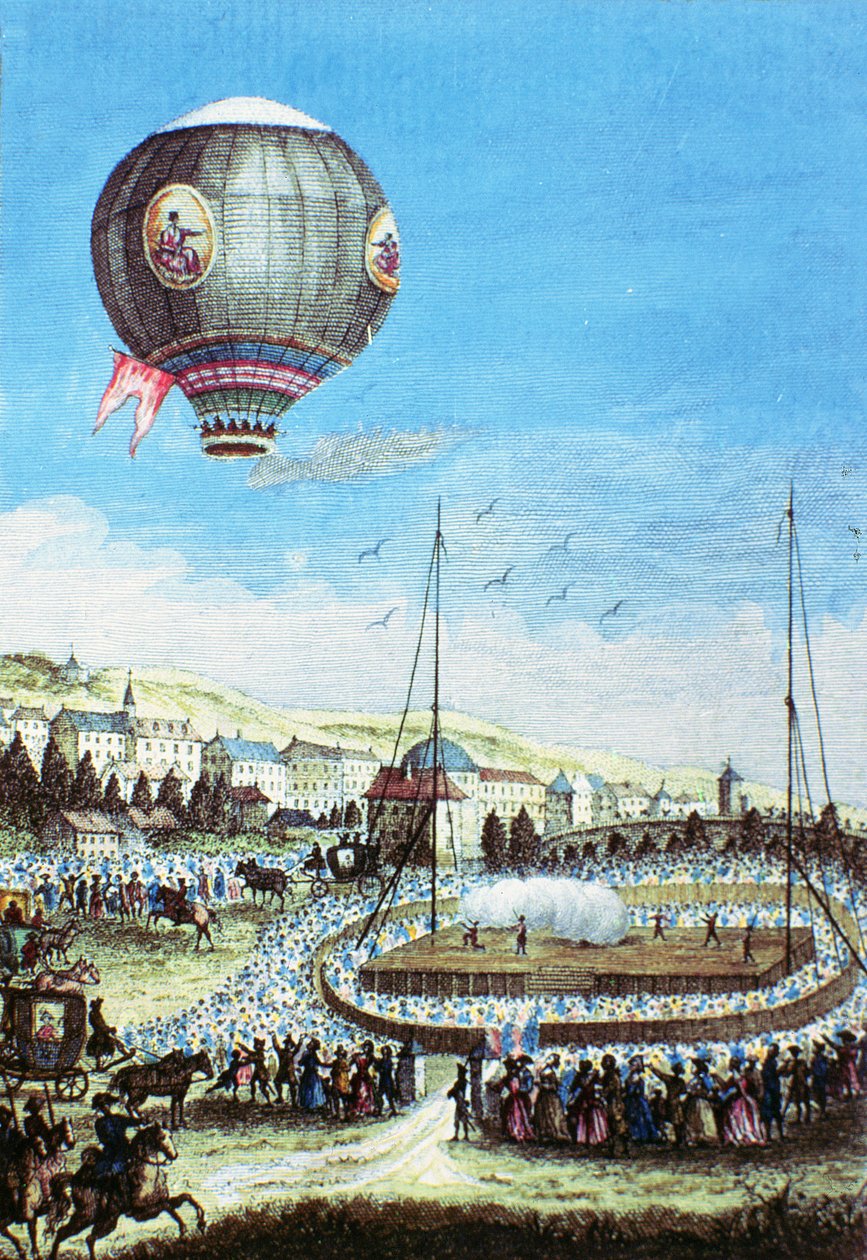Utsikt över Brolteaux i Lyon och den tredje flygningen av Montgolfier-luftballongen den 10 januari 1784 (färggravyr) av French School