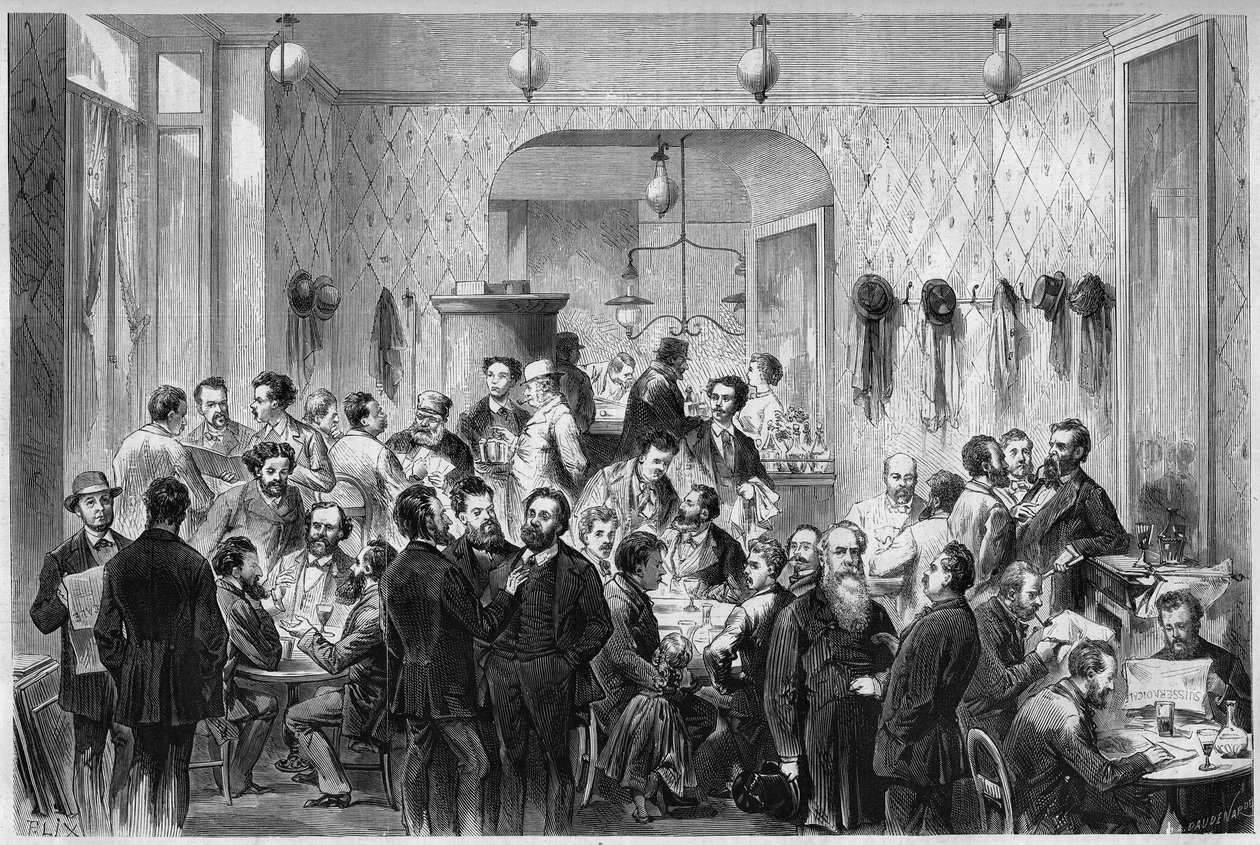 Utsikt över "Cafe du Levant", i Genève, mötesplats för flyktingarna i Pariskommunen och Lyonkommunen. Från vänster till höger representeras: Masse, Sirdey, Andignous, Jules Frantz, Jules Moutils, Gaillard (far och son), Perrare, J. Guesde, L. av French School