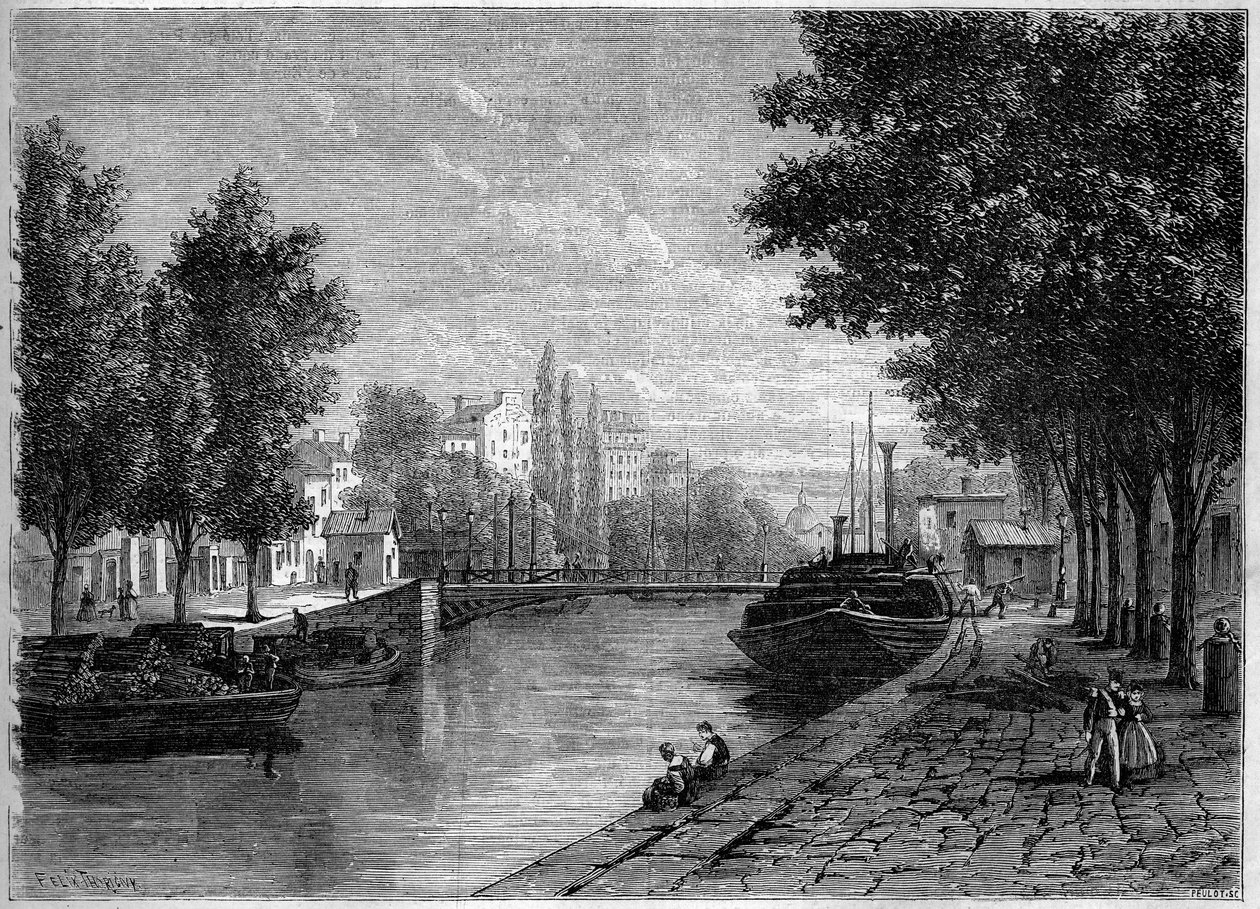Utsikt över Canal Saint Martin, i Paris, före omvandlingarna som genomfördes av Haussmann i mitten av 1800-talet. Vy tagen på höjden av rue Saint Sebastien. Gravyr i "" Le Monde Illustré"" nr 233 den 28 september av French School
