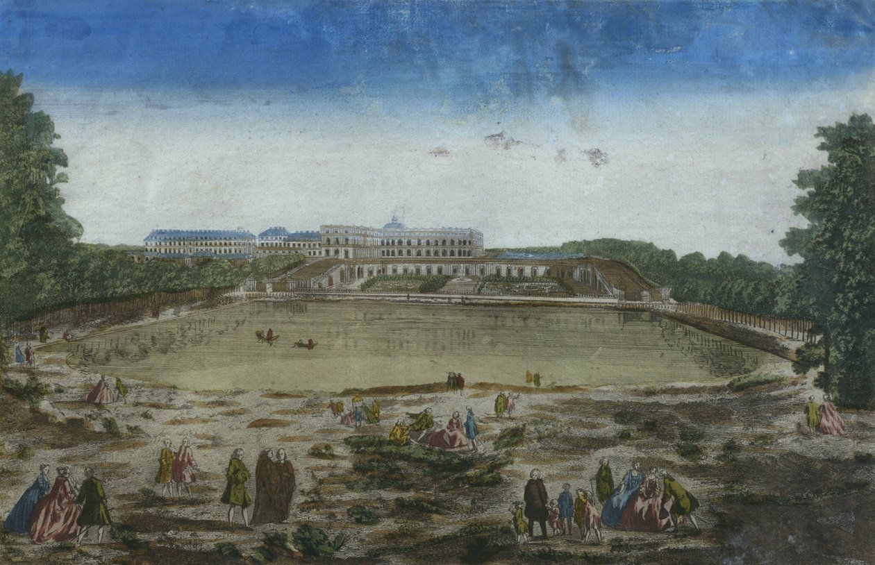 Utsikt över slottet och orangeriet sett från Piece deau des Suisses, Versailles, Frankrike av French School