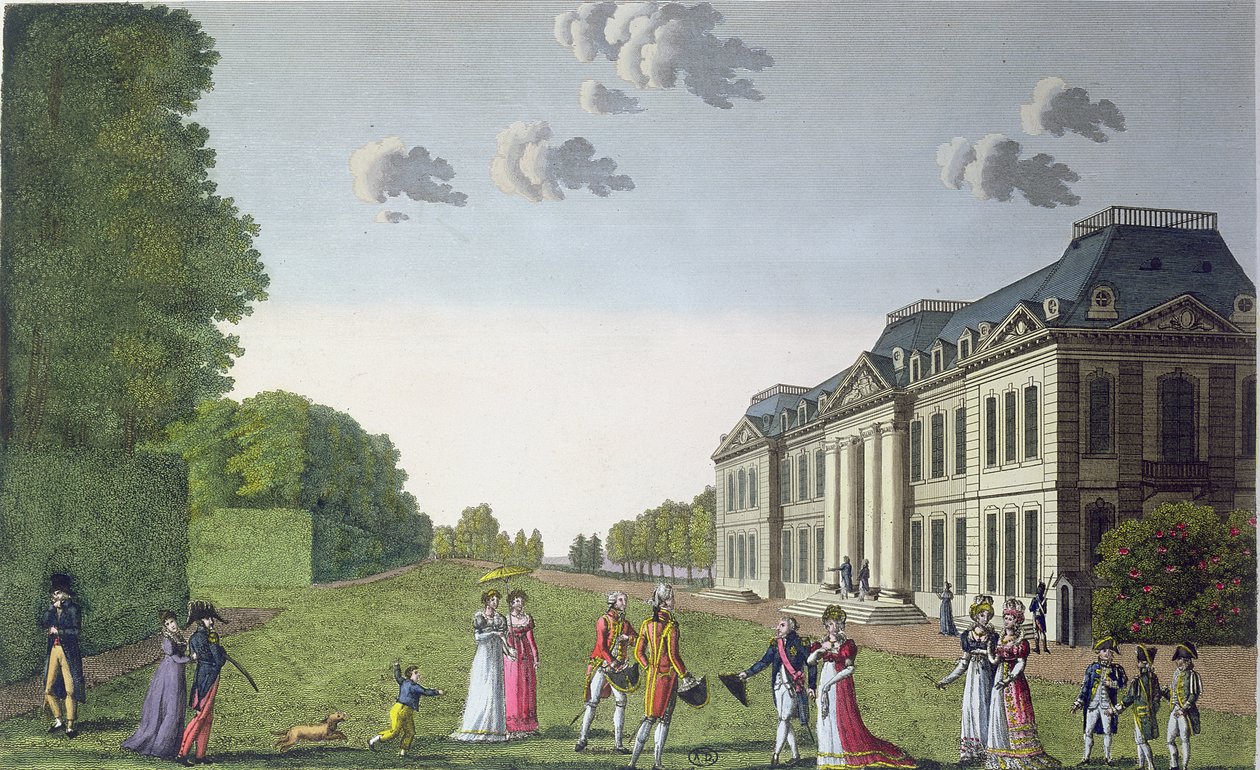 Utsikt över Chateau de Bellevue från trädgården, c.1820 (färggravyr) av French School