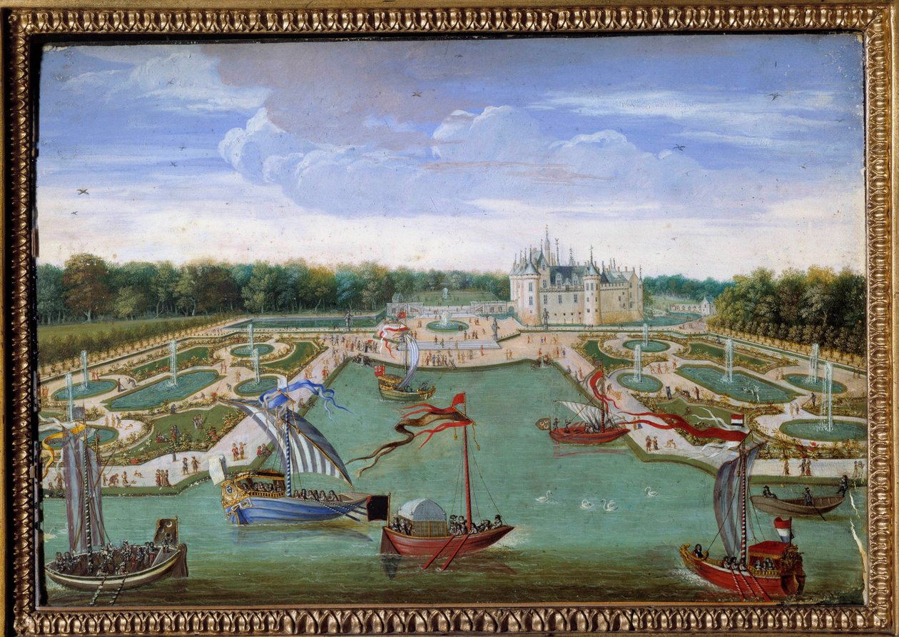 Utsikt över Chateau de Chantilly och sängarna hämtade från Vertugadin Anonymous målning av Ecole francaise. Omkring 1680. Dim. 0,26x0,34 m. Chantilly, musee Conde - Utsikt över slottet Chantilly och parterrerna från Vertugadin. Anonym målning av French School