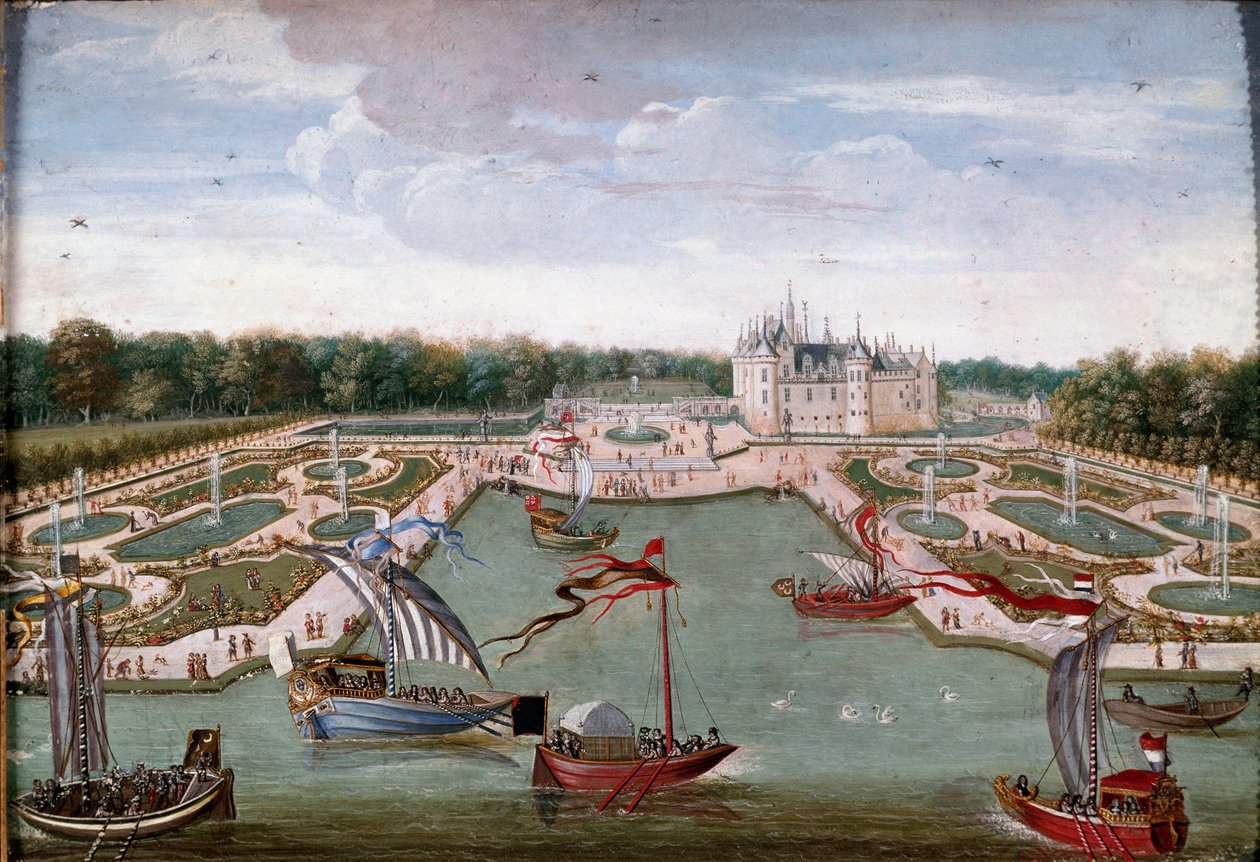 Utsikt över Chateau de Chantilly och sängarna hämtade från Vertugadin Anonymous målning av Ecole francaise. Omkring 1680. Dim. 0,26x0,34 m. Chantilly, Conde Museum av French School
