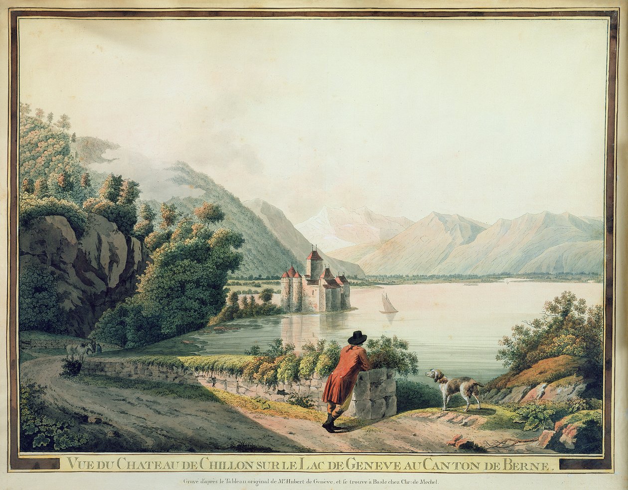Utsikt över Chateau de Chillon, Genèvesjön (färgad etsning) av French School