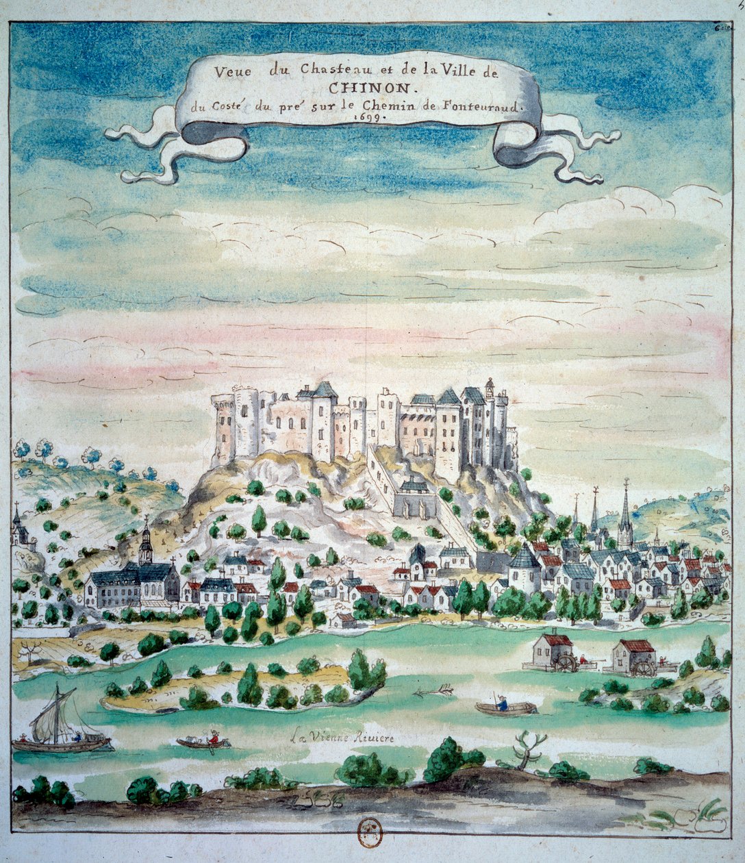 Utsikt över Chateau de Chinon akvarell från den franska skolan. 1699 Paris, B.N. av French School