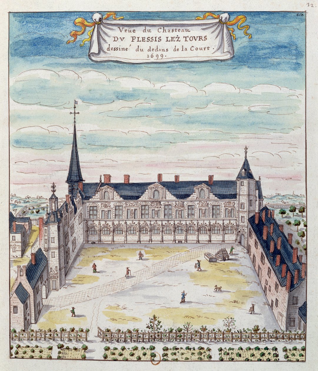 Utsikt över Chateau de Plessis-les-Tours i Tourraine, 1699 (penna & bläck och wc på papper) (se även 173766) av French School