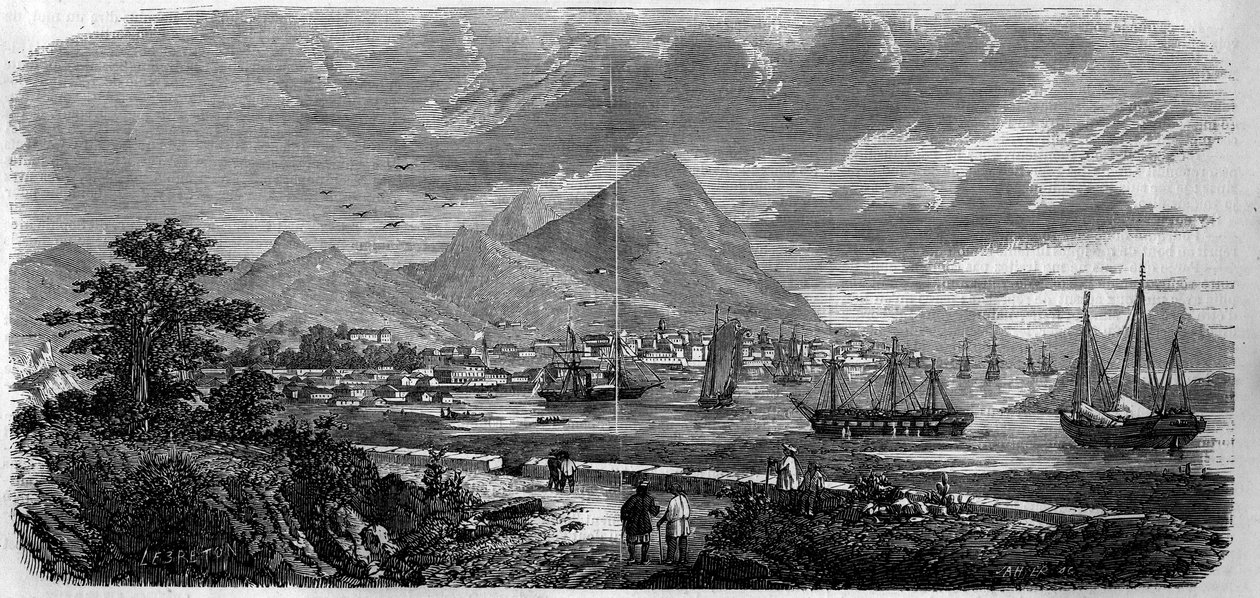 Utsikt över staden Hong Kong (Hong Kong) (Canton Bay Island) 1857. Gravyr i "" Le Monde Illustré"" nr 29 av 31 oktober 1857. av French School