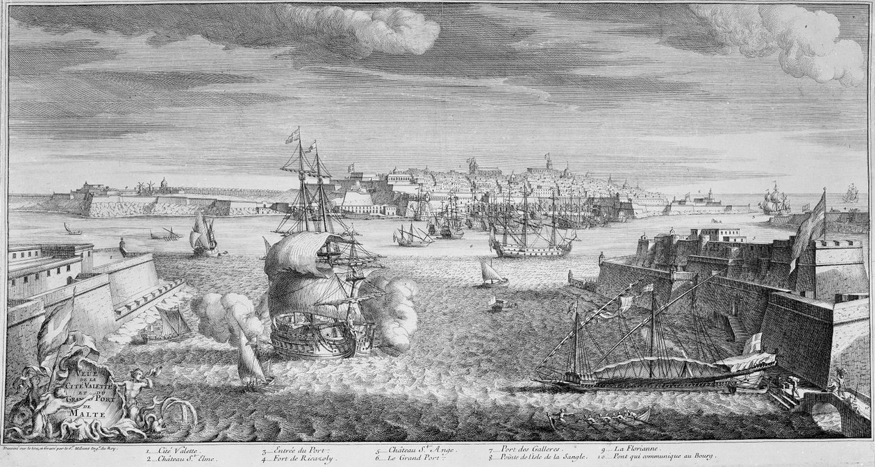Utsikt över staden Valletta, Maltas hamn, ca 1736 (gravyr) av French School