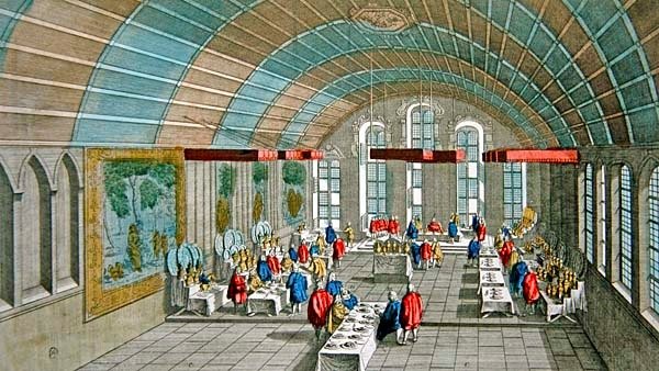 Utsikt över middagen som gavs till kejsaren och kurfurstarna i Sachsen 1758 i stadshuset i Frankfurt, Tyskland (färgad gravyr) av French School