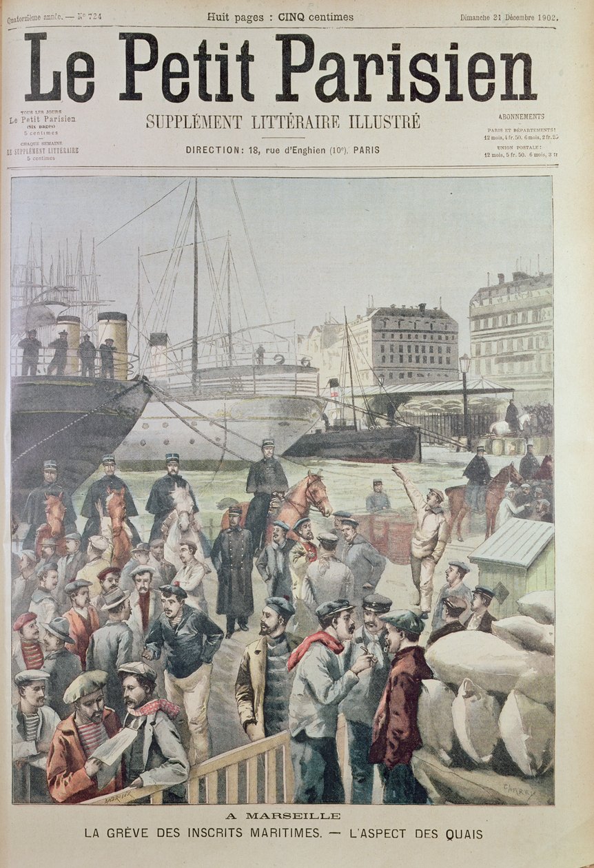 Utsikt över hamnen i Marseille under maritima strejken, från framsidan av Le Petit Parisien, 21 december 1902 av French School
