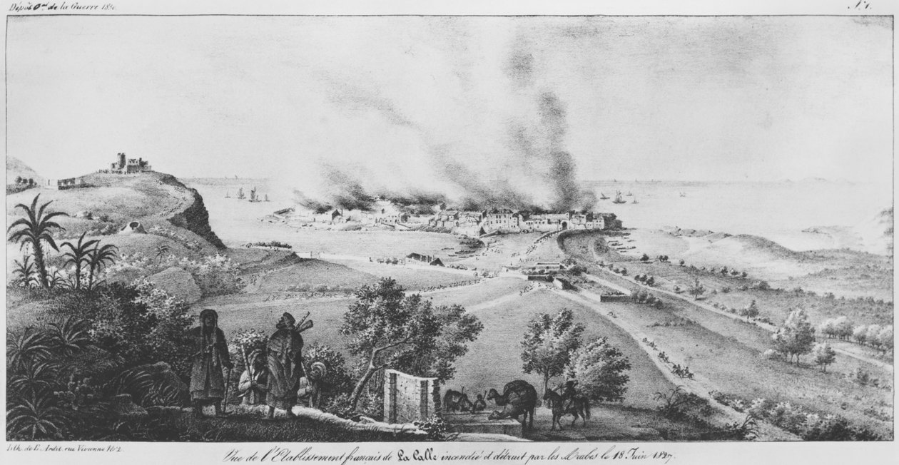 Utsikt över det franska etablissemanget vid La Calle som brändes och förstördes av araberna den 18 juni 1827, illustration från Atlas de apercu historique, statistique et topographique sur l