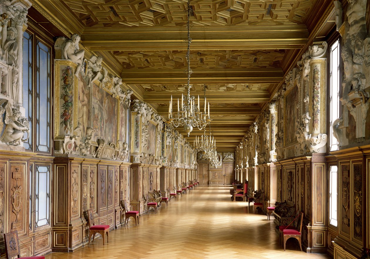 Utsikt över Galerie Francois I, 1528-40 av French School