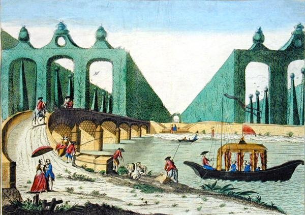 Utsikt över Lord Hamiltons trädgårdar mot en bro över Themsen nära London (färgad gravyr) av French School