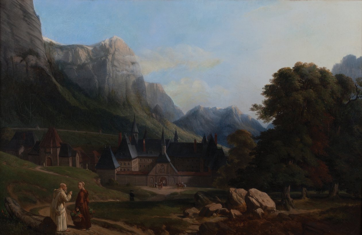 Utsikt över klostret Grande Chartreuse (Olja på duk) av French School