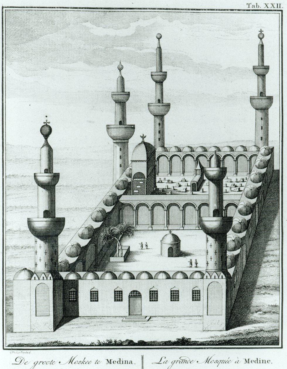 Utsikt över den stora moskén i Medina före skändningen av gravarna av wahhabi-sekten, från Description de lArabie av Carsten Niebuhr (1733-1815) publicerad 1774 av French School