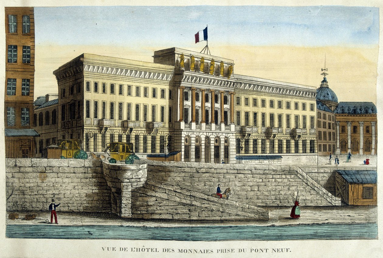 Utsikt över Hotel des Monnins från Pont Neuf - gravyr, början av 1800-talet av French School
