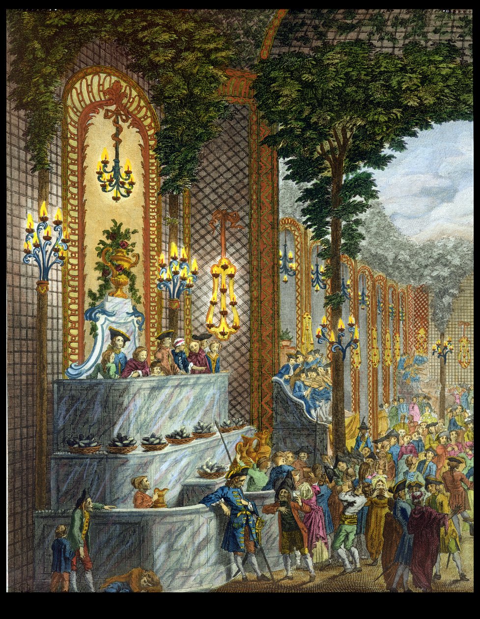 Utsikt över interiören i ett av rummen på Place de Louis le Grand, Utsikt över ingången till salongen (detalj av 101860) (färggravyr) av French School