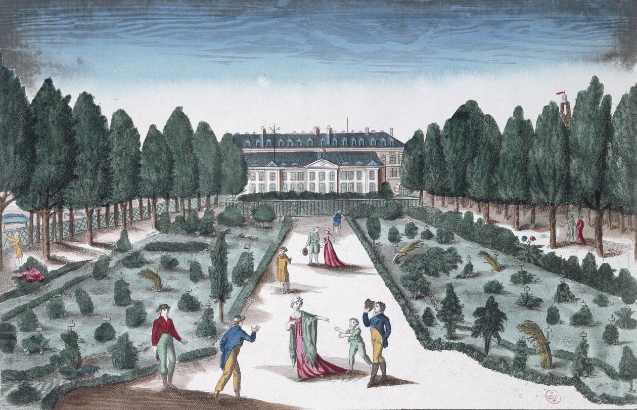 Utsikt över Jardin des Plantes, från räcken nära Seine (färggravyr) av French School