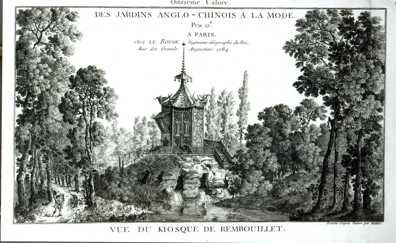 Utsikt över kiosken vid Rembouillet, från Jardins Anglo-Chinois a la mode av George Louis le Rouge, publicerad 1775-78 av French School