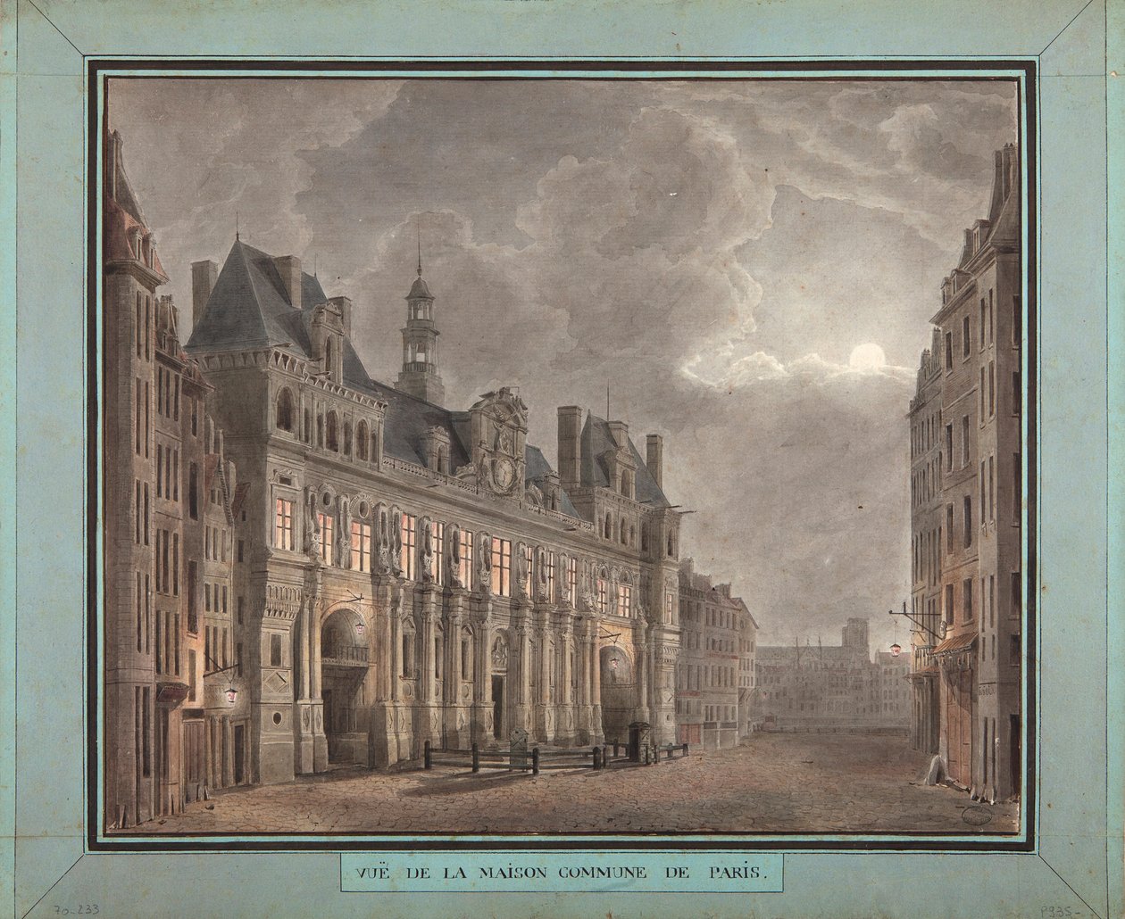 Utsikt över Maison Commune i Paris, mellan 1790-95 (wc på papper) av French School