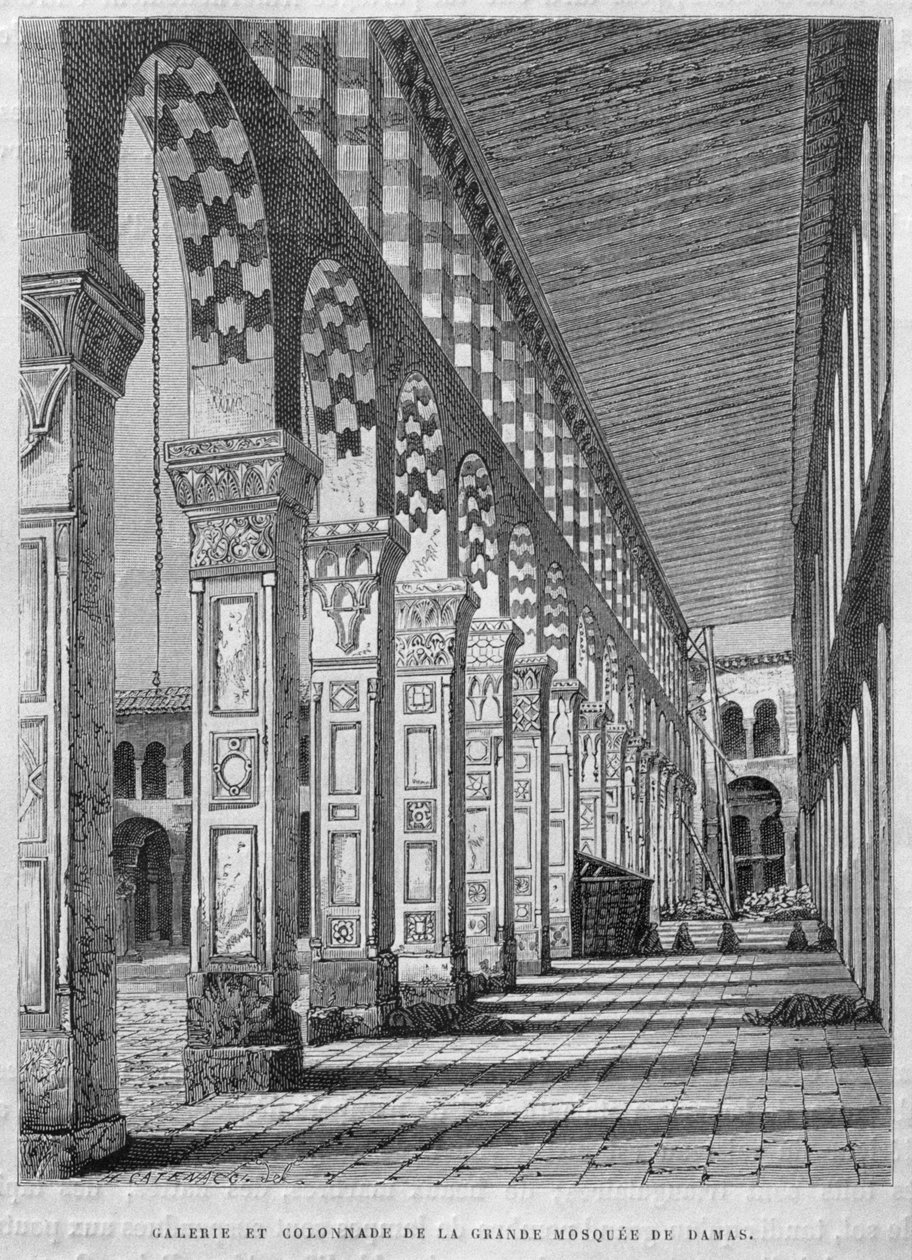 Utsikt över norra portiken, Umayyad-moskén, Damaskus, Syrien, från Syrien idag. Reser i Fenicien, Libanon och Judéen. 1875-1880 av Louis Charles Emile Lortet, 1884 (bw gravyr) av French School