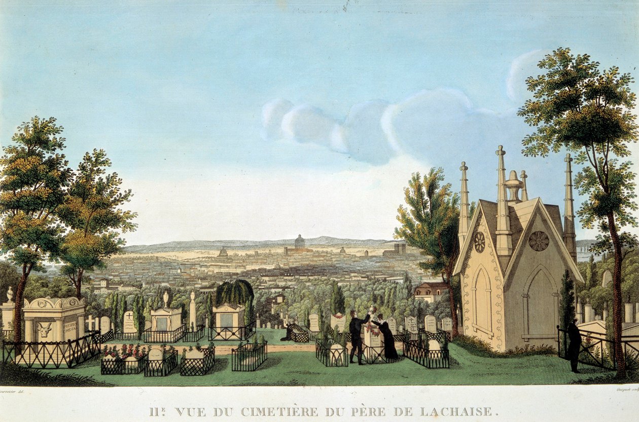 Utsikt över Pere Lachaise-kyrkogården i Paris. Anonym 1800-talslitografi. Privat samling av French School
