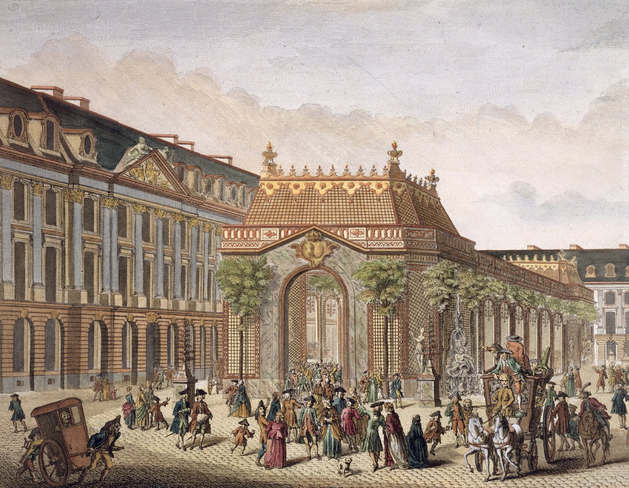 Utsikt över Place de Louis le Grand, med ett av rummen byggt för tillfället av Monseigneur le Dauphins bröllop (detalj av 101866) (färggravyr) av French School