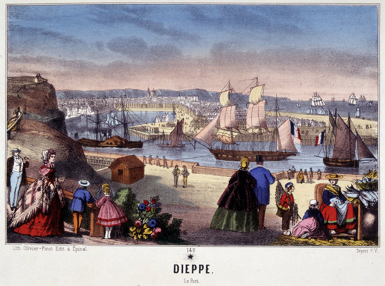 Utsikt över hamnen i Dieppe, bild av Epinal, n.d. 1800-talet av French School