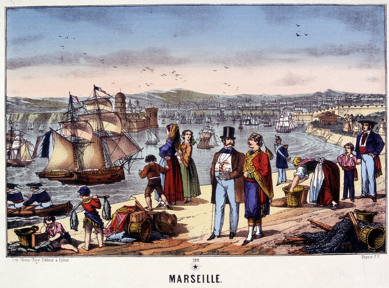 Utsikt över hamnen i Marseille, bild av Epinal, n.d. 1800-talet av French School