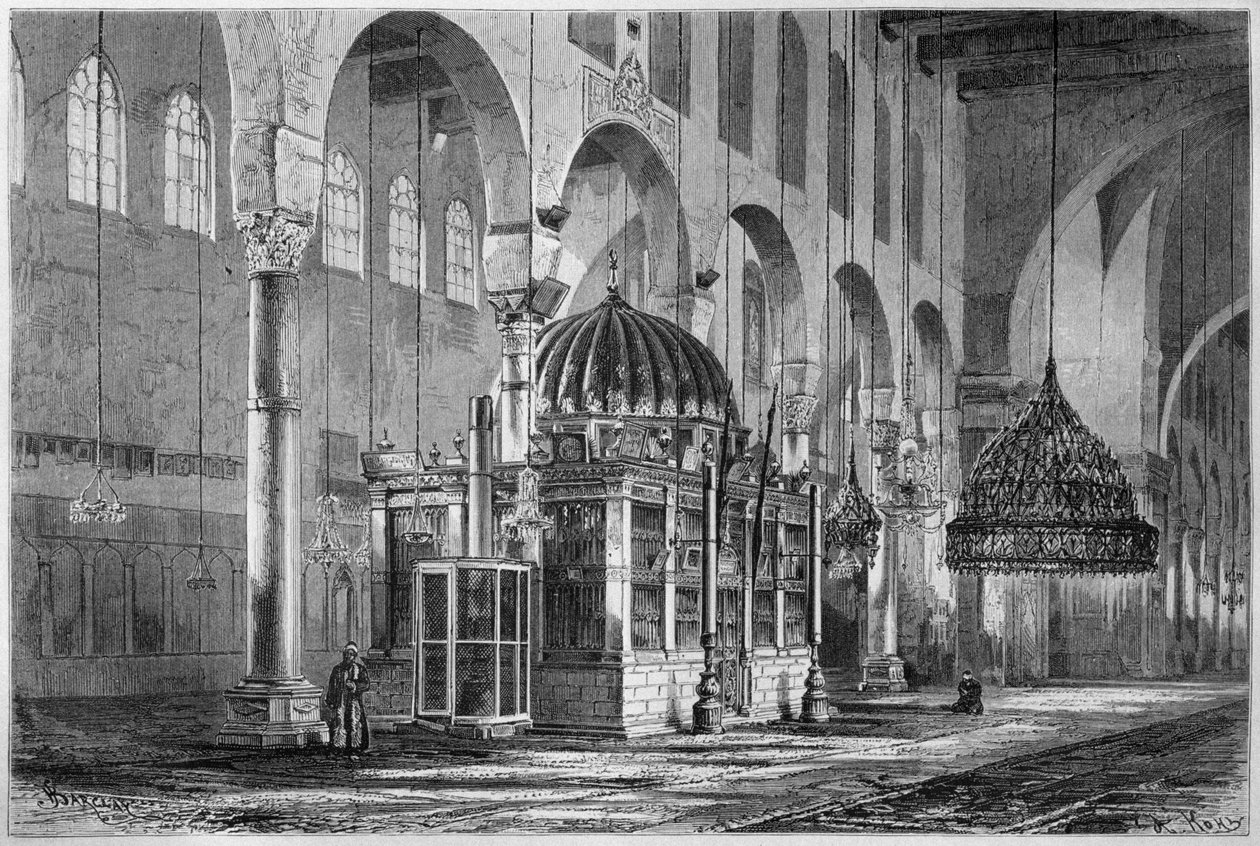 Utsikt över bönehallen, Umayyad-moskén, Damaskus, Syrien, från Syrien idag. Reser i Fenicien, Libanon och Judéen. 1875-1880 av Louis Charles Emile Lortet, 1884 (bw gravyr) av French School