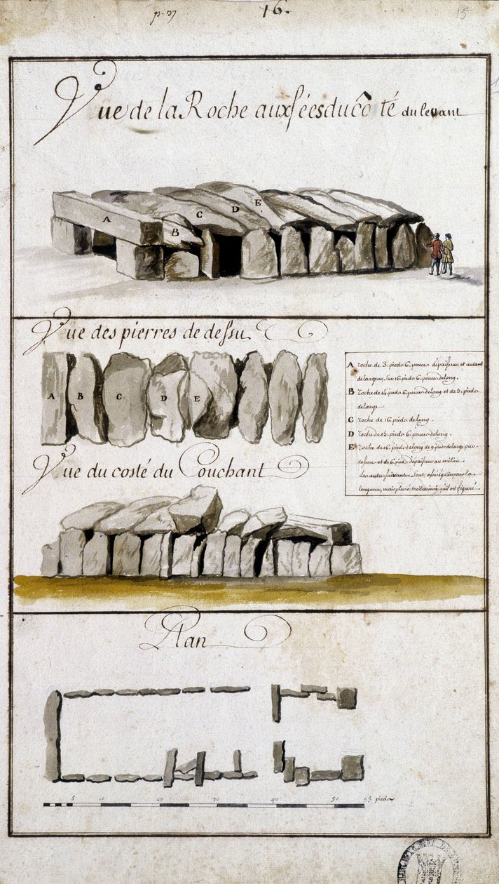 Utsikt över Roche aux Fées på östra sidan, utsikt över Defsu-stenarna - i "" Historisk, topografisk och naturlig beskrivning av Bretagne"" av Robien av French School