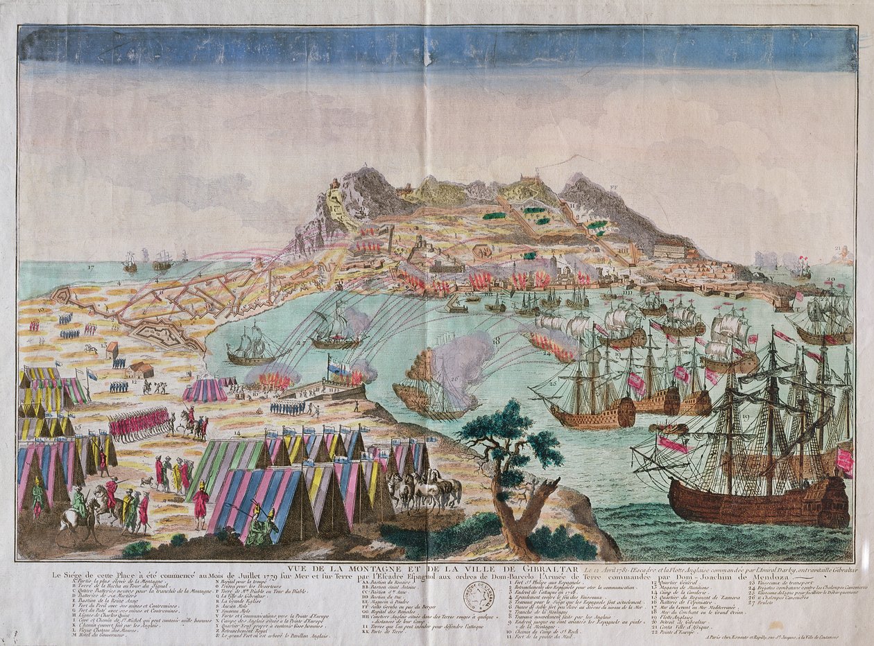 Utsikt över Gibraltars klippa och stad under belägringen 1779 av French School