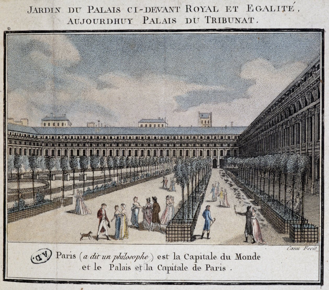 Utsikt över det kungliga palatset (Palais du Tribunat) med trädgård och vandrare av French School