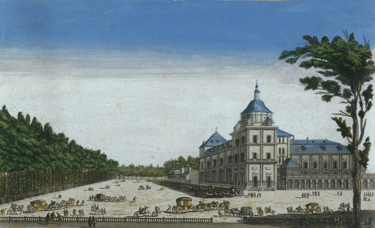 Utsikt över det kungliga palatset i Aranjuez, Spanien (färggravyr) av French School