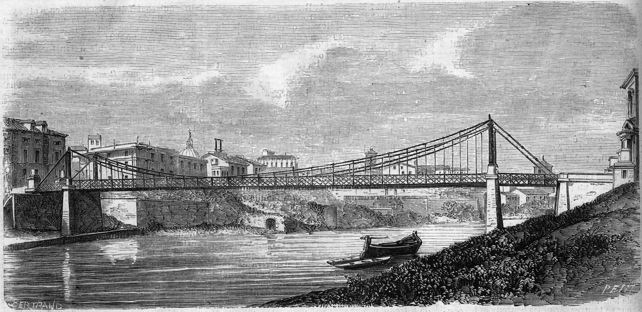 Utsikt över Saint John-bron vid floden Tibern (Tevere) i Italien, invigd 1863. Denna stålbro designades av Alphonse Oudry (1819-1869). Gravyr i "" Le Monde Illustré"" nr 349 av 19 december 1863. av French School