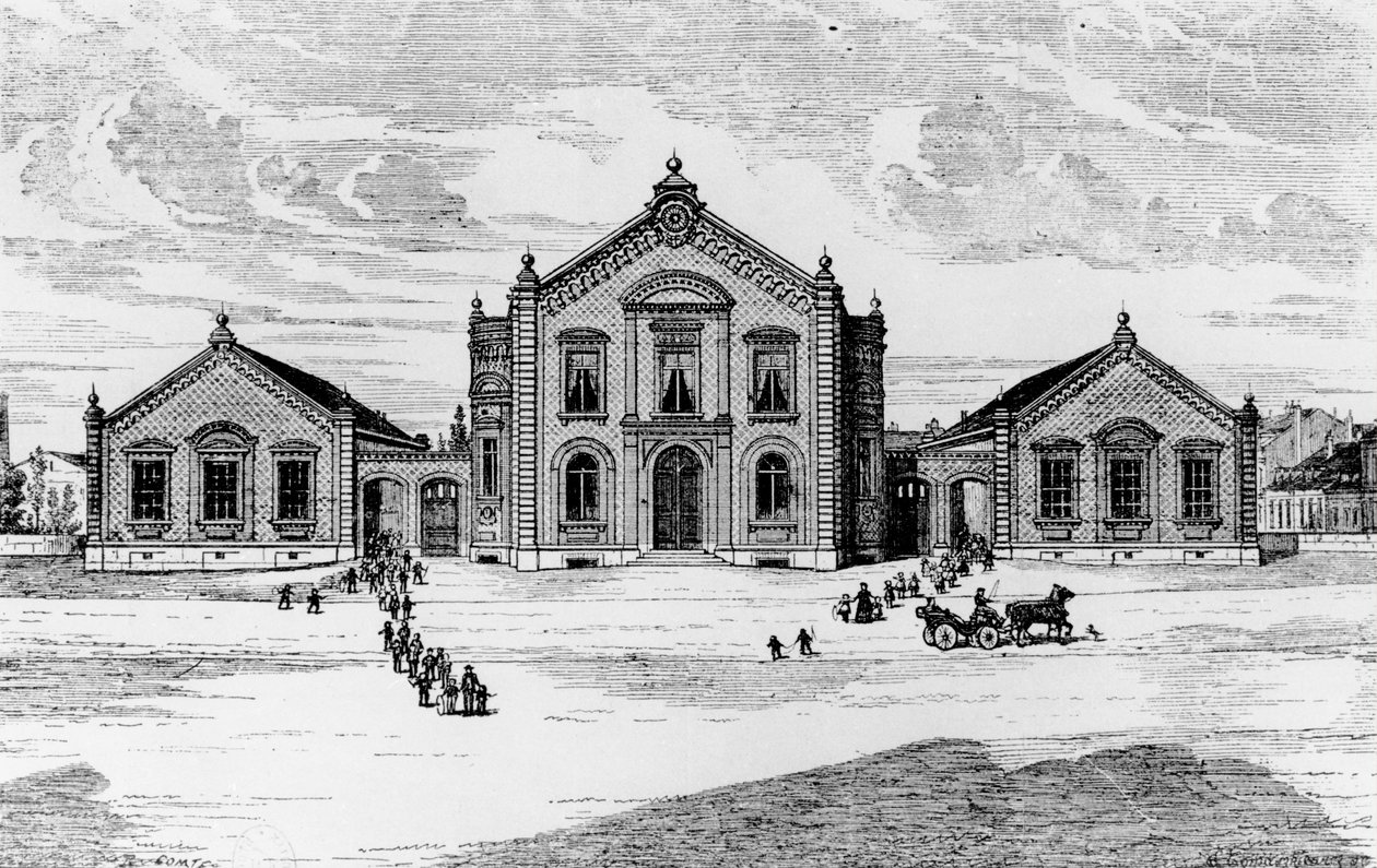 Utsikt över skolorna och teatern, Familjen Guise, från Solutions Sociales av Jean-Baptiste Andre Godin (1817-88), Paris, 1871 av French School