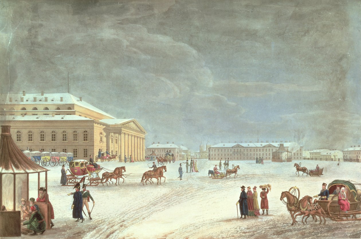 Utsikt över torget och Grand Theatre, St Petersburg (färgad litho) av French School