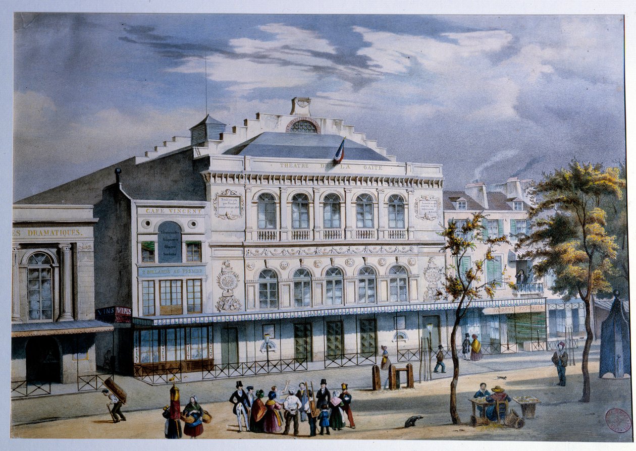 Utsikt över Theatre de la Gaite i Paris Litografi av 1800-talets Paris. Musee Carnavalet av French School