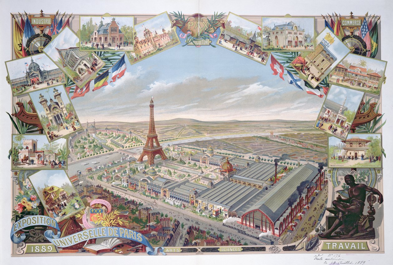 Utsikt över världsutställningen med de olika paviljongerna och Eiffeltornet, 1889 av French School