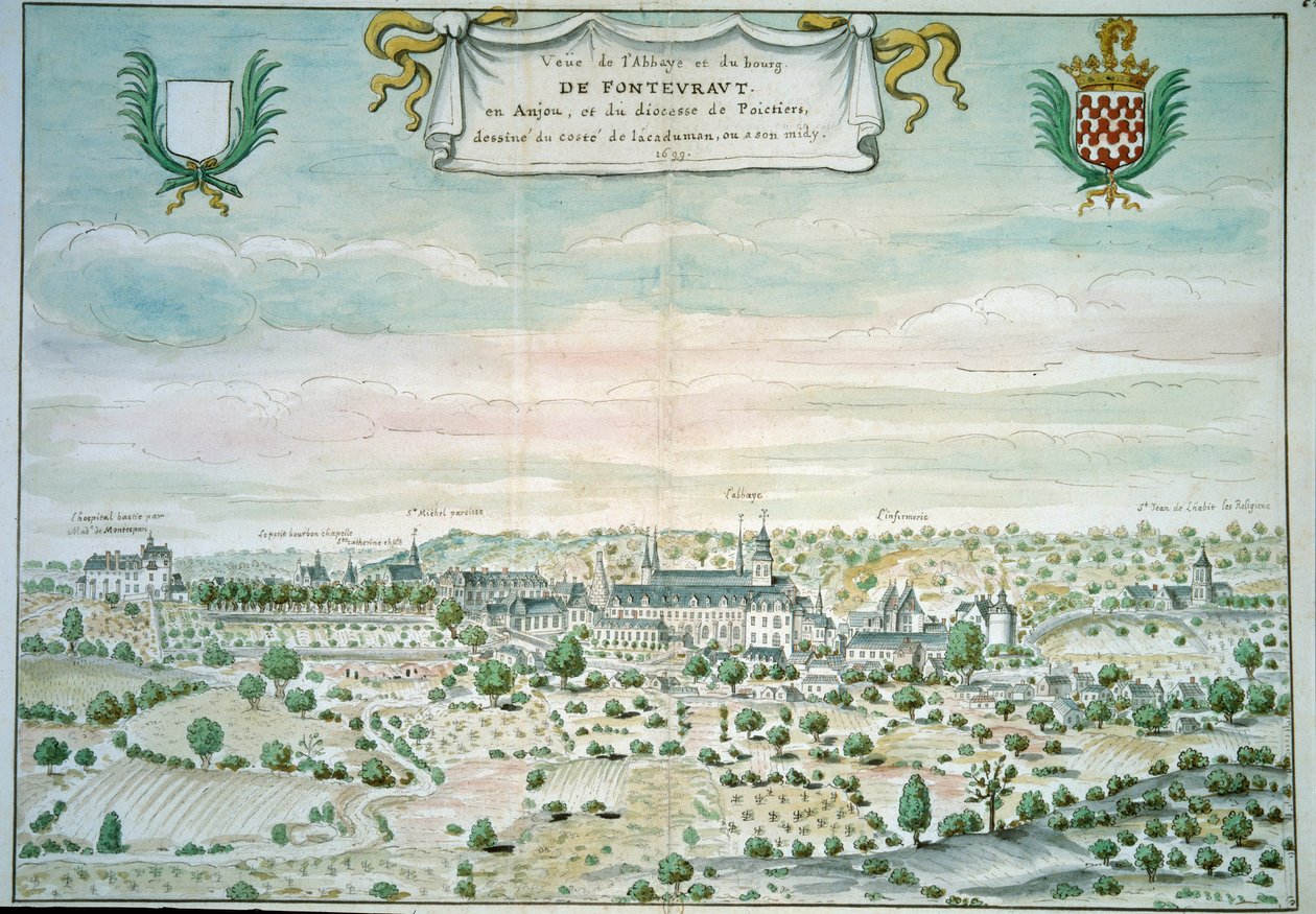 Utsikt över klostret Fontevrault (Fontevraud) i Maine och Loire Akvarell från den franska skolan. 1699 Paris, B.N. av French School