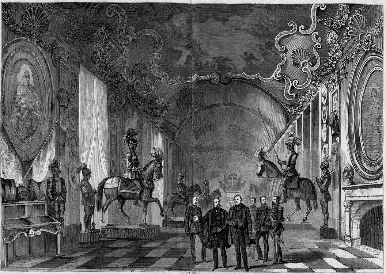 Utsikt över vapenrummet i Palatset i Turin (Italien) under besöket av kung Victor Emmanuel II (Vittorio Emanuele) (Victor-Emmanuel) (1820-1878) och prins Napoleon (1822-1891) av French School