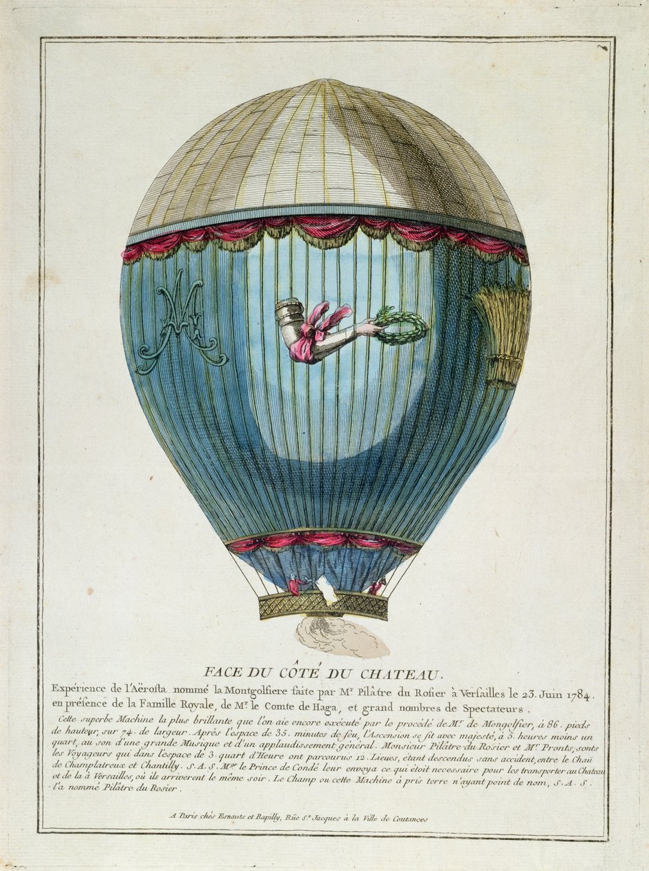 Utsikt över ballongen som användes av Francois Pilatre de Rozier (1754-85) i Versailles den 23 juni 1784 av French School
