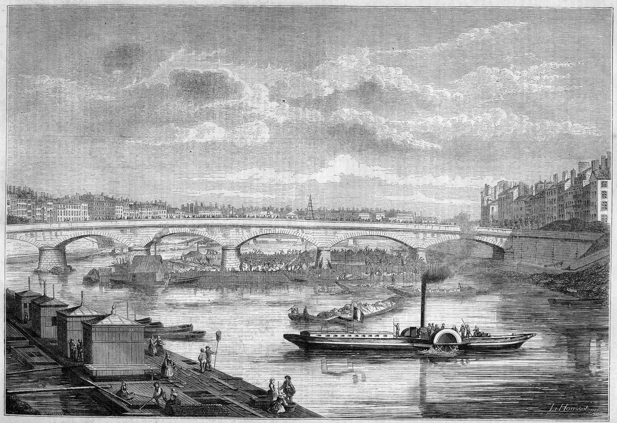 Utsikt över bron du Change (eller bron av Nemours) i Lyon, Rhone (69) av French School