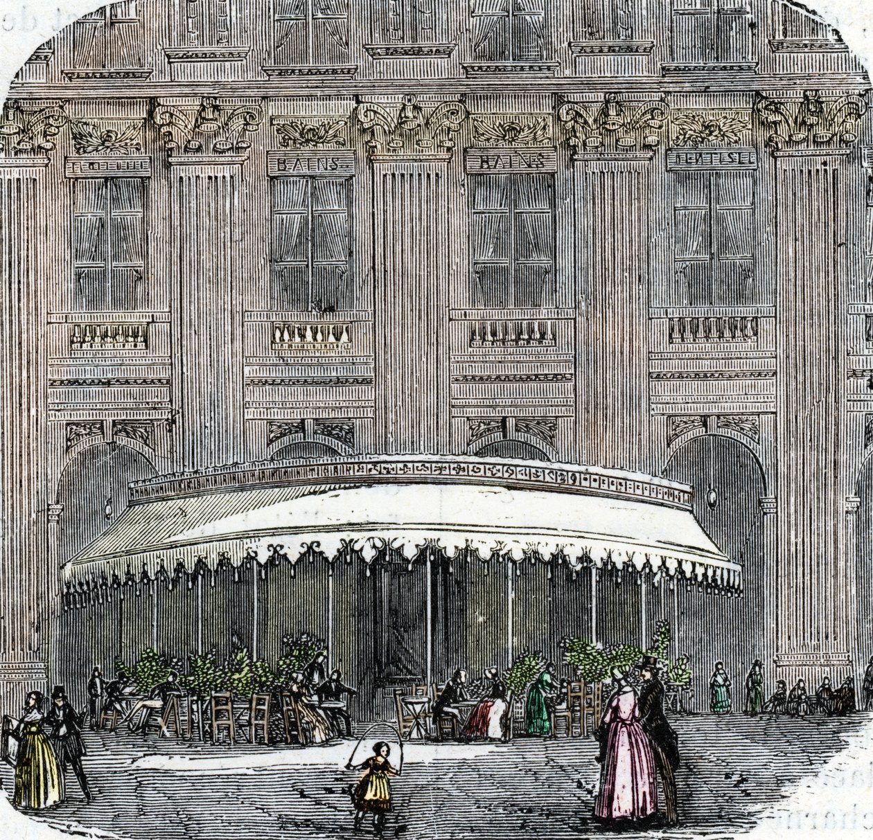 Utsikt över cafe de la Rotonde vid Palais-Royal i Paris omkring 1860 (färgad gravyr) av French School