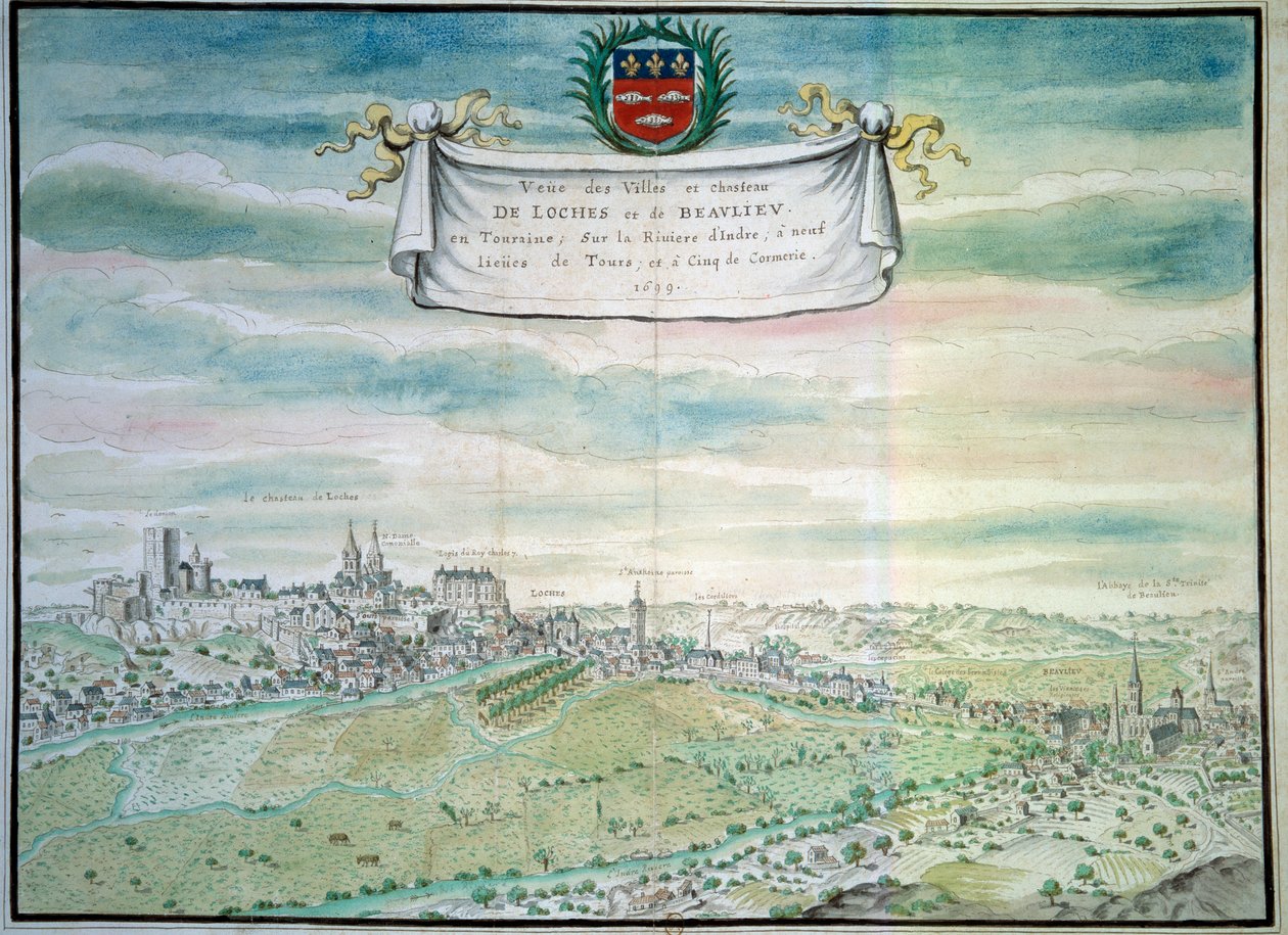 Utsikt över slottet Loches Utsikt över Beaulieu les Loches i Indre och Loire. Akvarell av den franska skolan. 1699 Paris, B.N. av French School