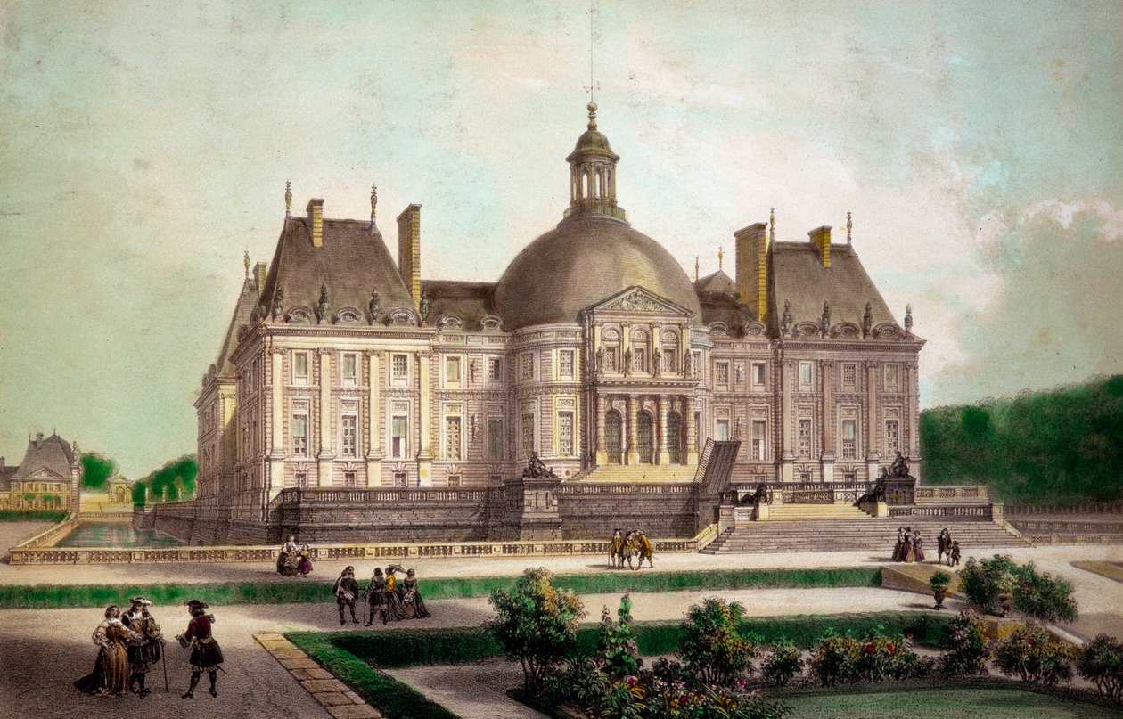 Utsikt över slottet Vaux le Vicomte (Vaux-le-Vicomte) i Maincy (Seine-et-Marne), byggt omkring 1658. Tryck från 1800-talets privatsamling av French School