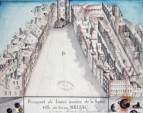 Utsikt över centrala Brisach efter franskt bombardement 1793 av French School