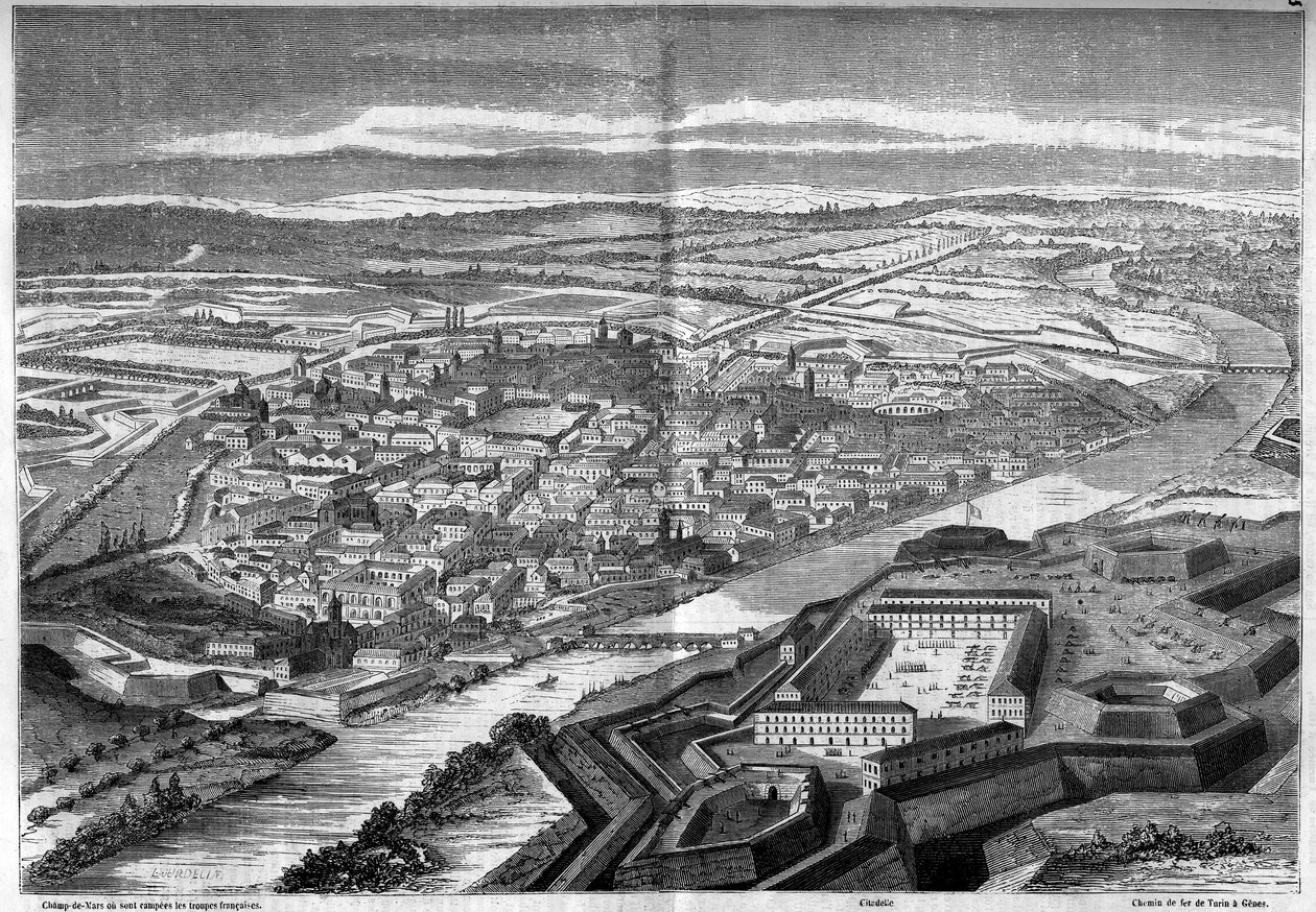 Utsikt över staden och citadellet i Alexandria i Italien av French School