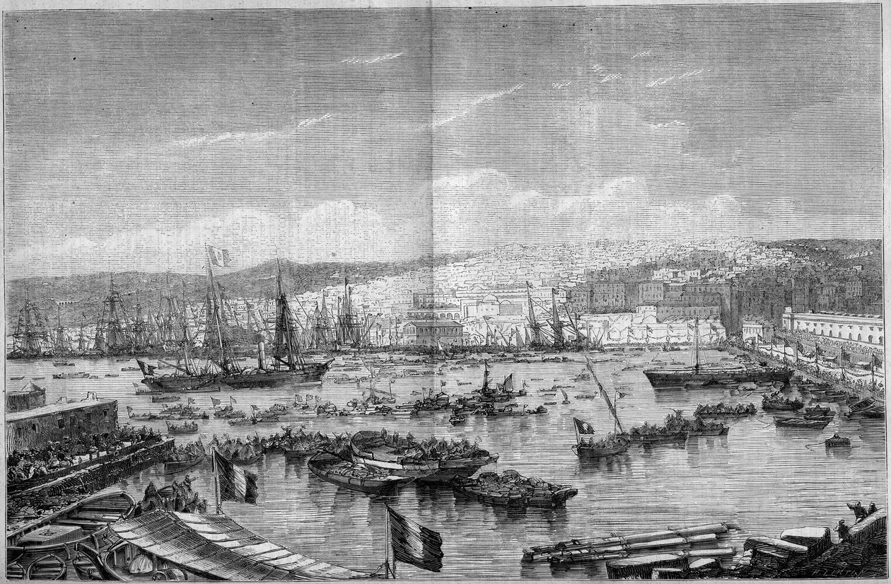 Utsikt över staden och hamnen i Alger (Algeriet), under ankomsten av Napoleon III och imponerande Eugenie de Montijo, 17 september av French School
